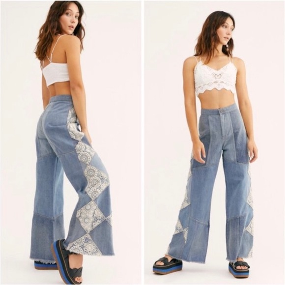 Free People In My Element Patched Flare Jeans 27 (*30) Runs Large Preowned $168 - Picture 3 of 16